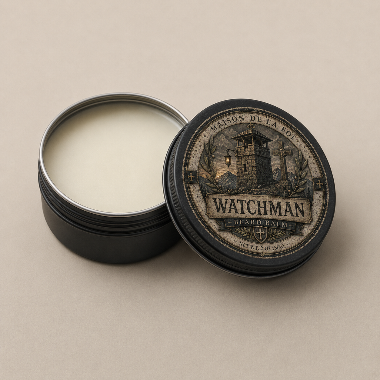 An open round metal tin of Maison de la Foi Watchman Beard Balm, showing the white balm inside, with the lid leaning against it on a neutral beige background.